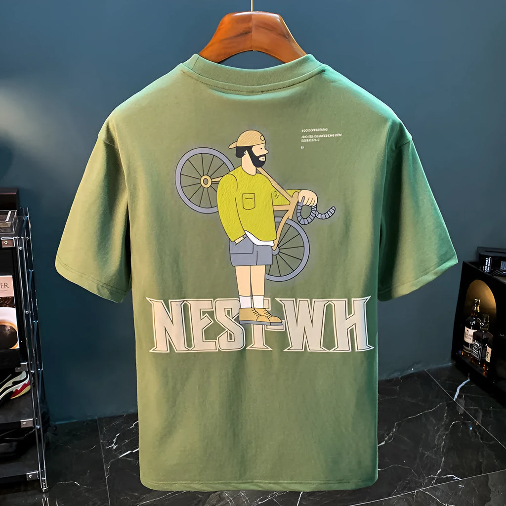 Green men's t-shirt with literary print design in loose fit with short sleeves