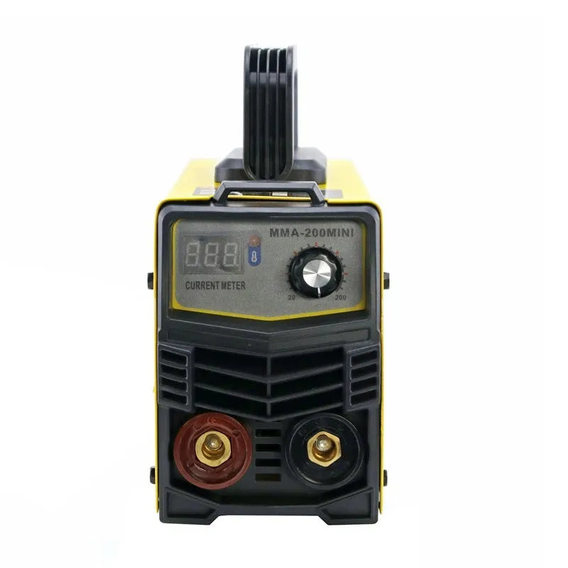 MMA-200MIN portable 220V DC inverter welding machine with tongs, clamp, shield, and brush.