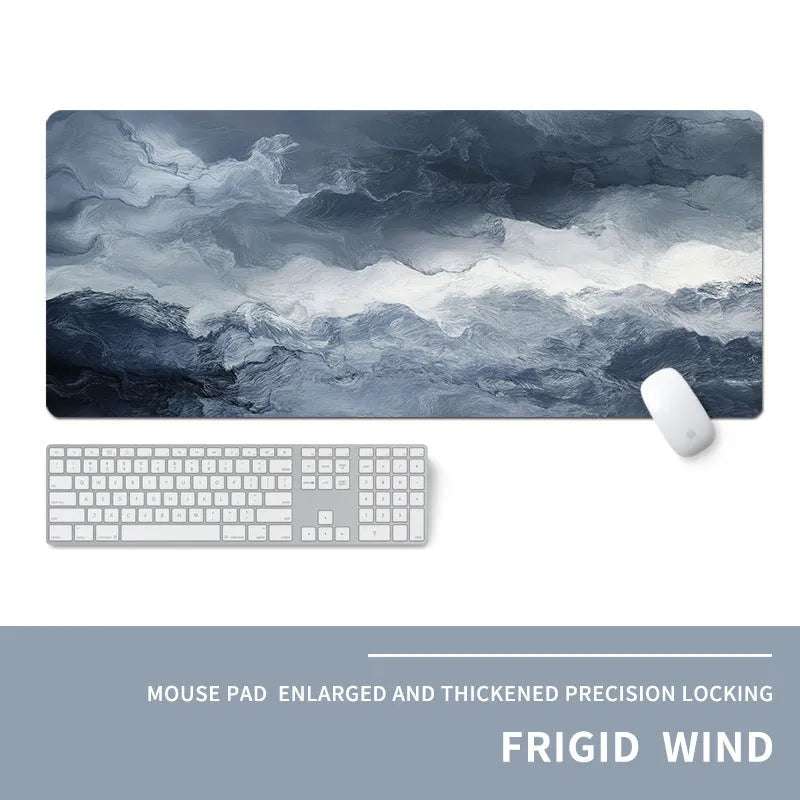 Oversized gaming mouse pad with cold-themed design on natural rubber base