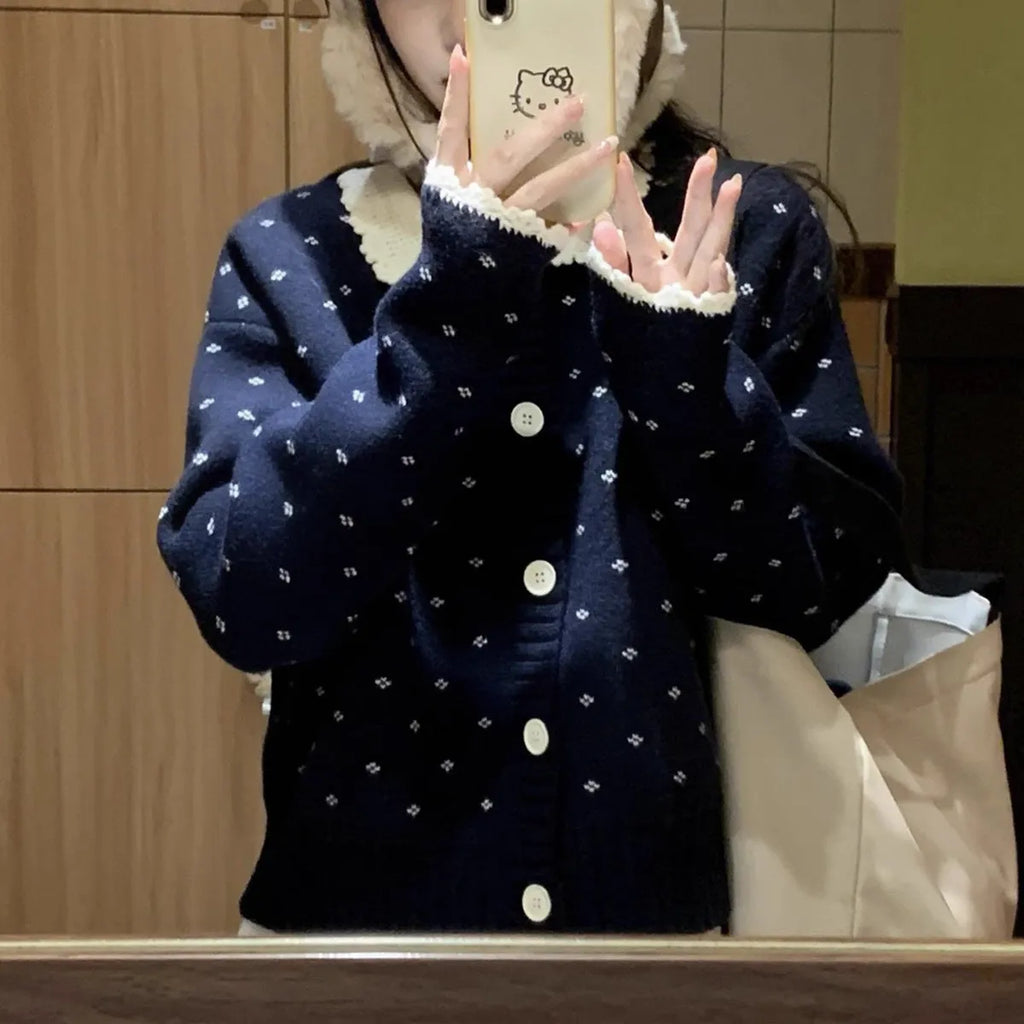 Women's floral knit cardigan coat with Peter Pan collar and button front in navy blue