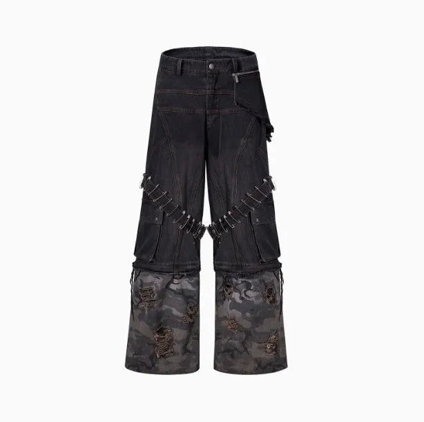 Men's grey jeans with camouflage pattern splicing and decorative pin and ribbon details on cotton denim