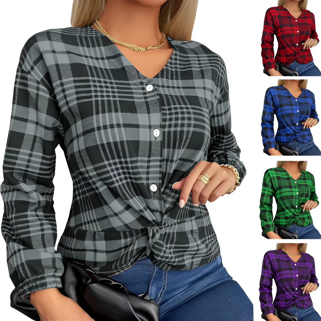 Women's purple plaid casual shirt with regular sleeves on hanger