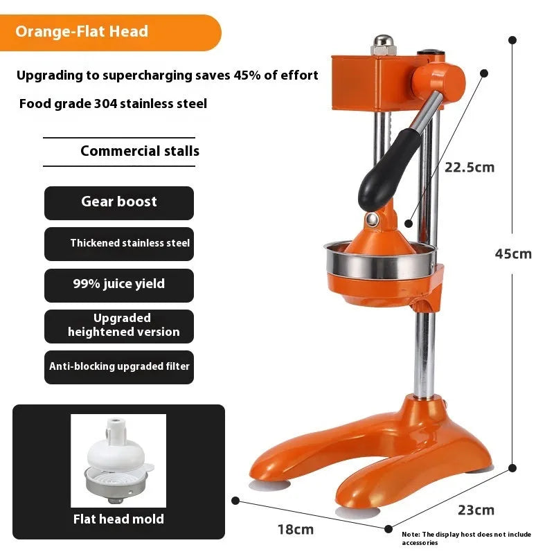 Vertical stainless steel manual juicer showing colour options and tip style variations
