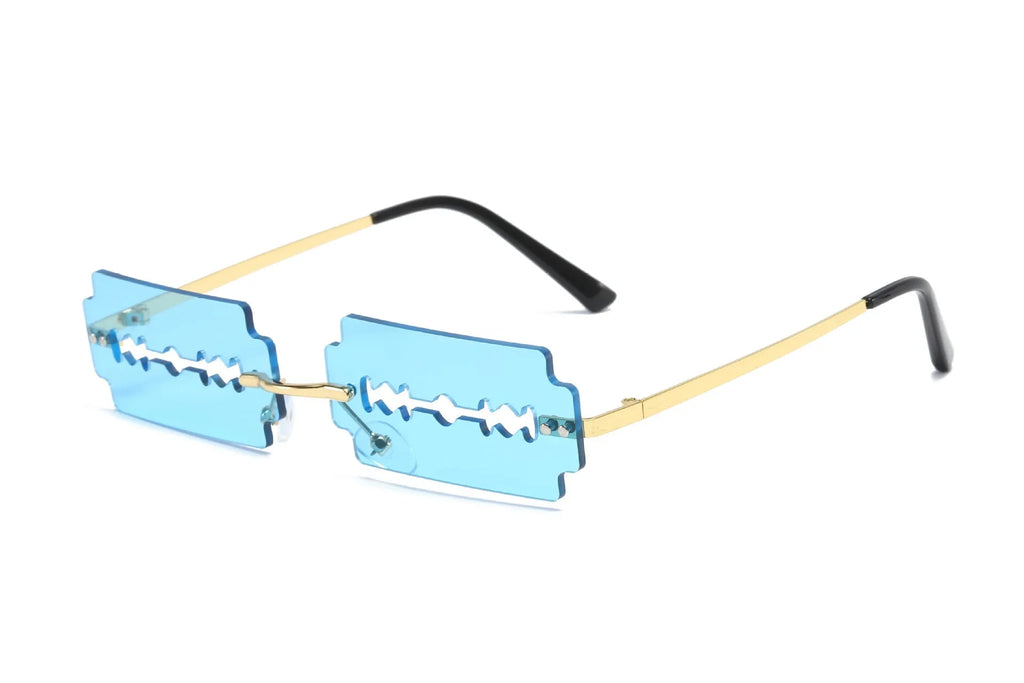 Women's metal rimless frameless sunglasses with gold frame and blue lens on display