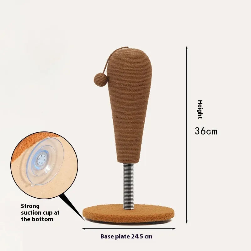 Hemp rope cat scratch board with attached ball toys in large and small size options.