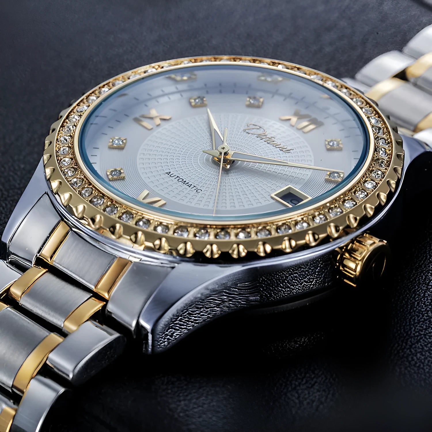 Men's gold or silver automatic mechanical watch with luminous hands, waterproof design, and black or white dial.