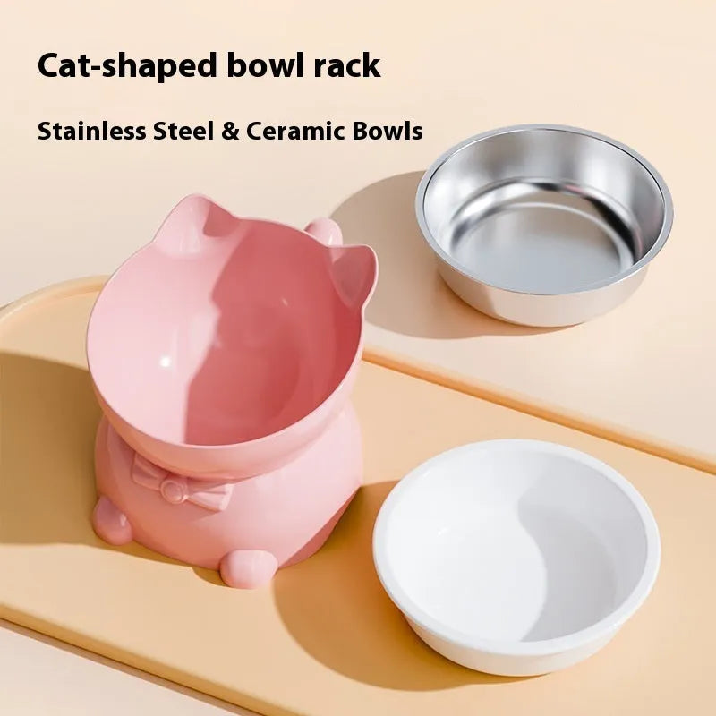 Stainless steel slanted cat bowl with non-slip base in black, blue, pink, and yellow colour options.