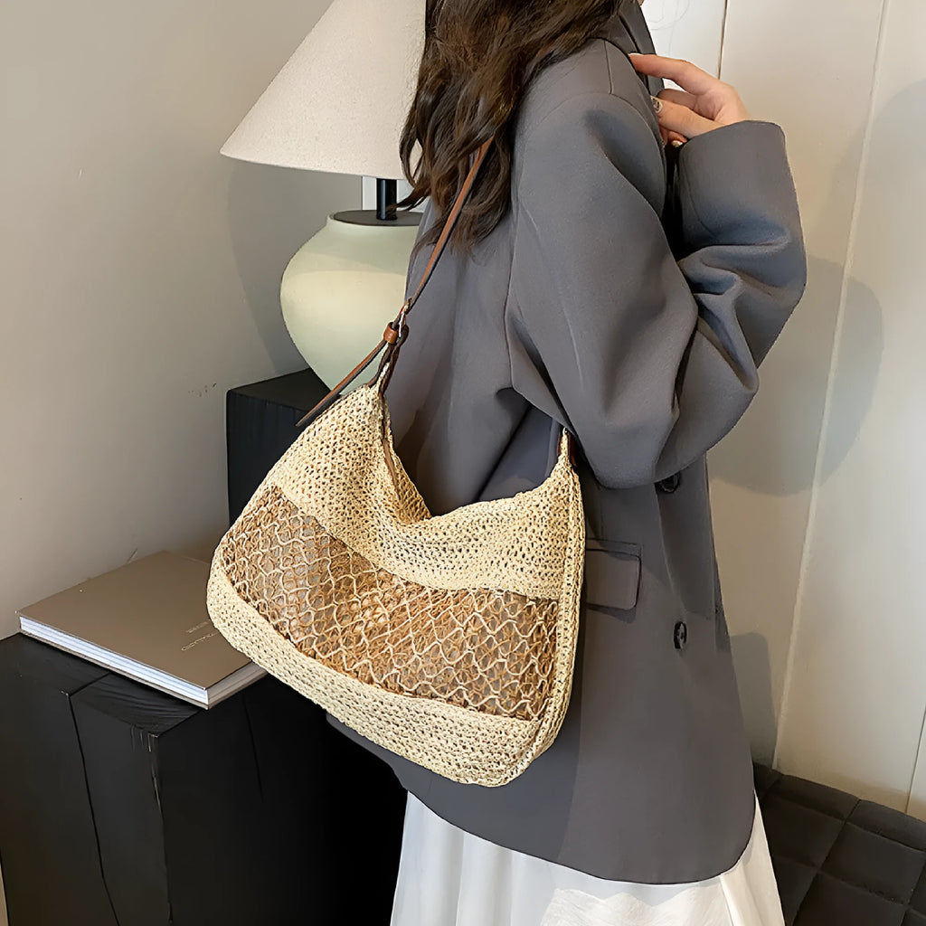 Women's khaki straw cross body bag with sandwich pockets in horizontal square shape