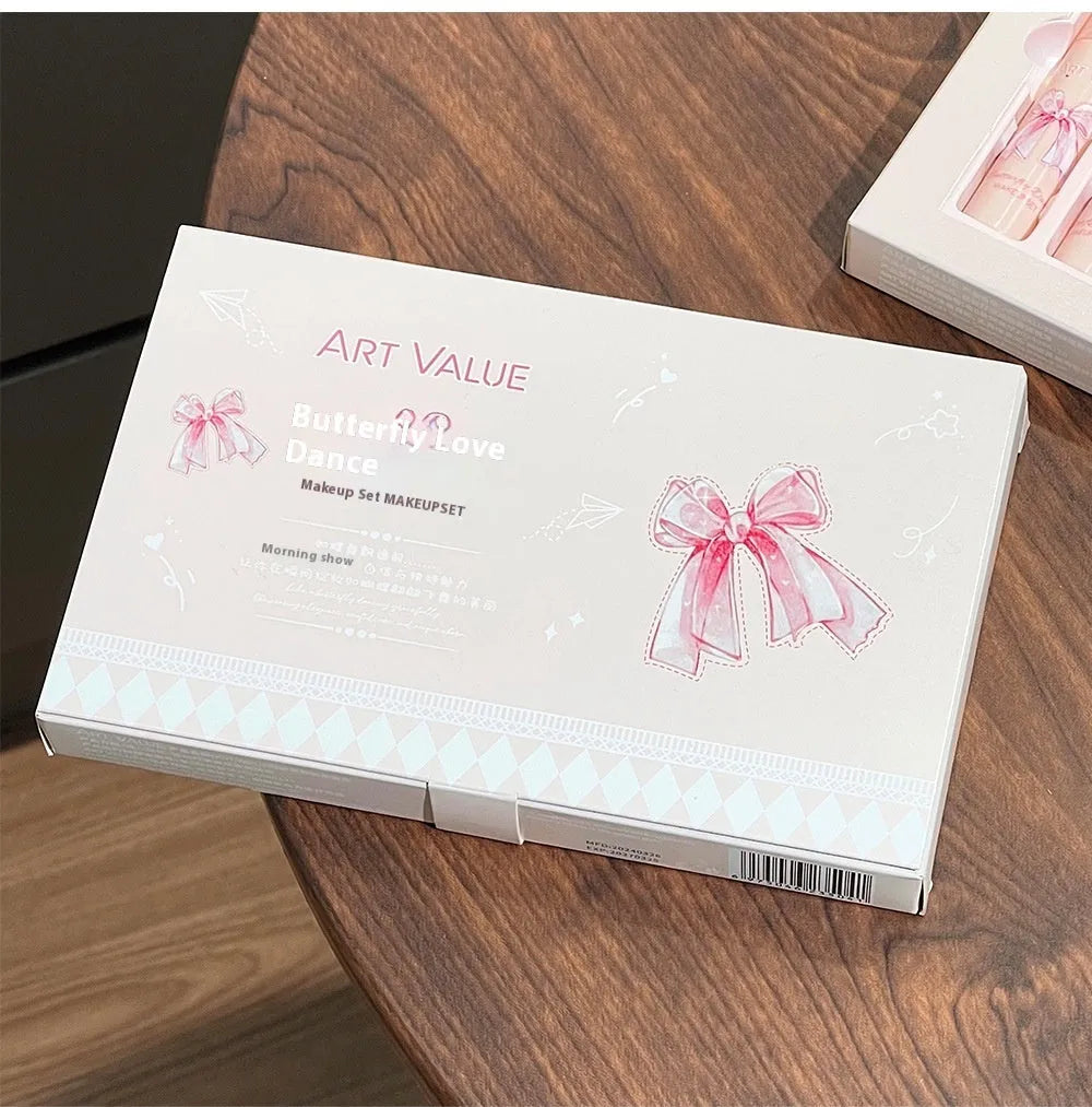 Butterfly Box makeup set with pink cosmetics and necklace