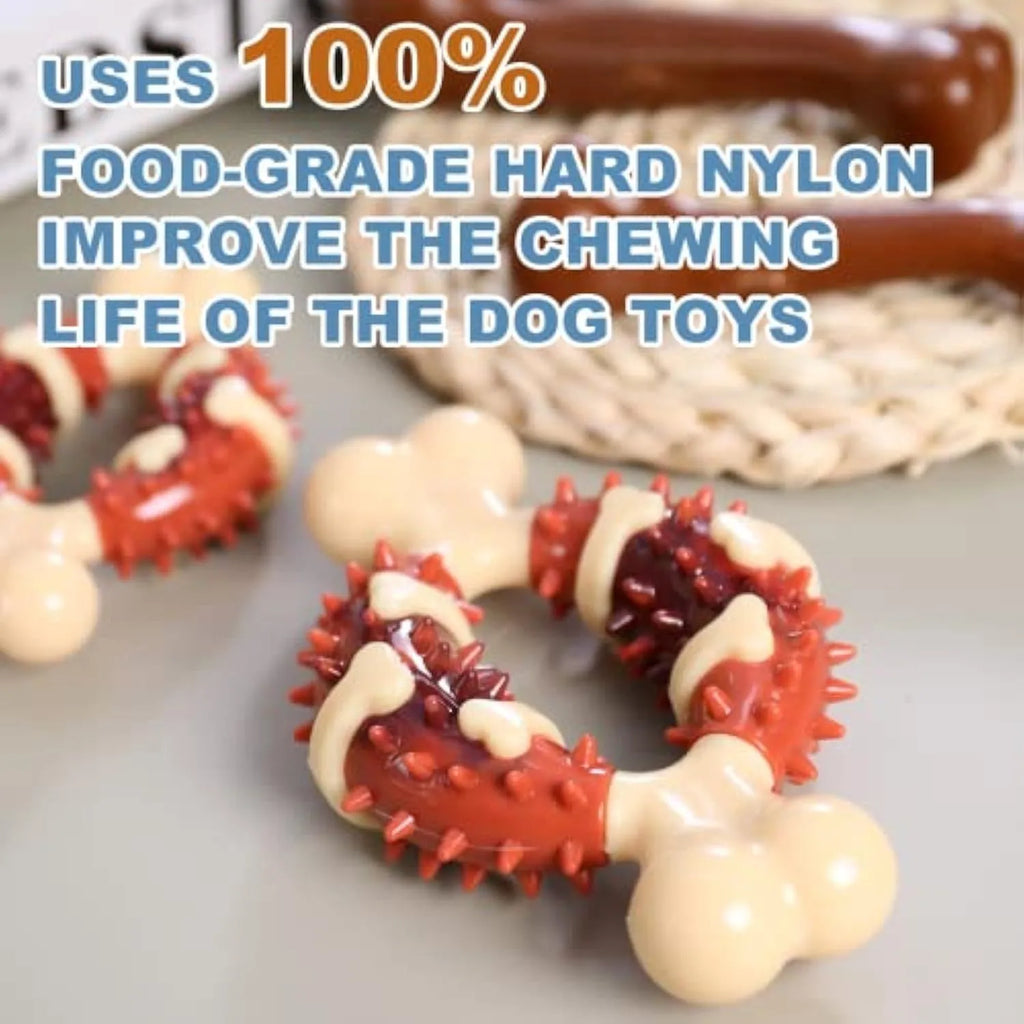 Bone-shaped natural rubber dog dental chew toy for teeth cleaning and anxiety relief in two sizes
