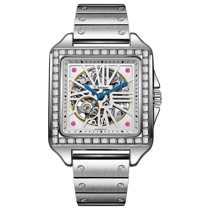 Men's square automatic watch with diamond-studded bezel on a stainless steel belt