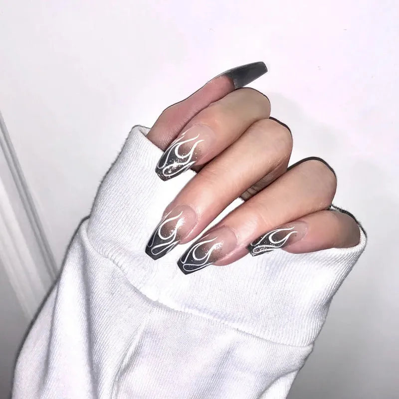 Head matte frosted almond shape false nails in multiple colours including Black and Leopard print, 24 pieces with glue