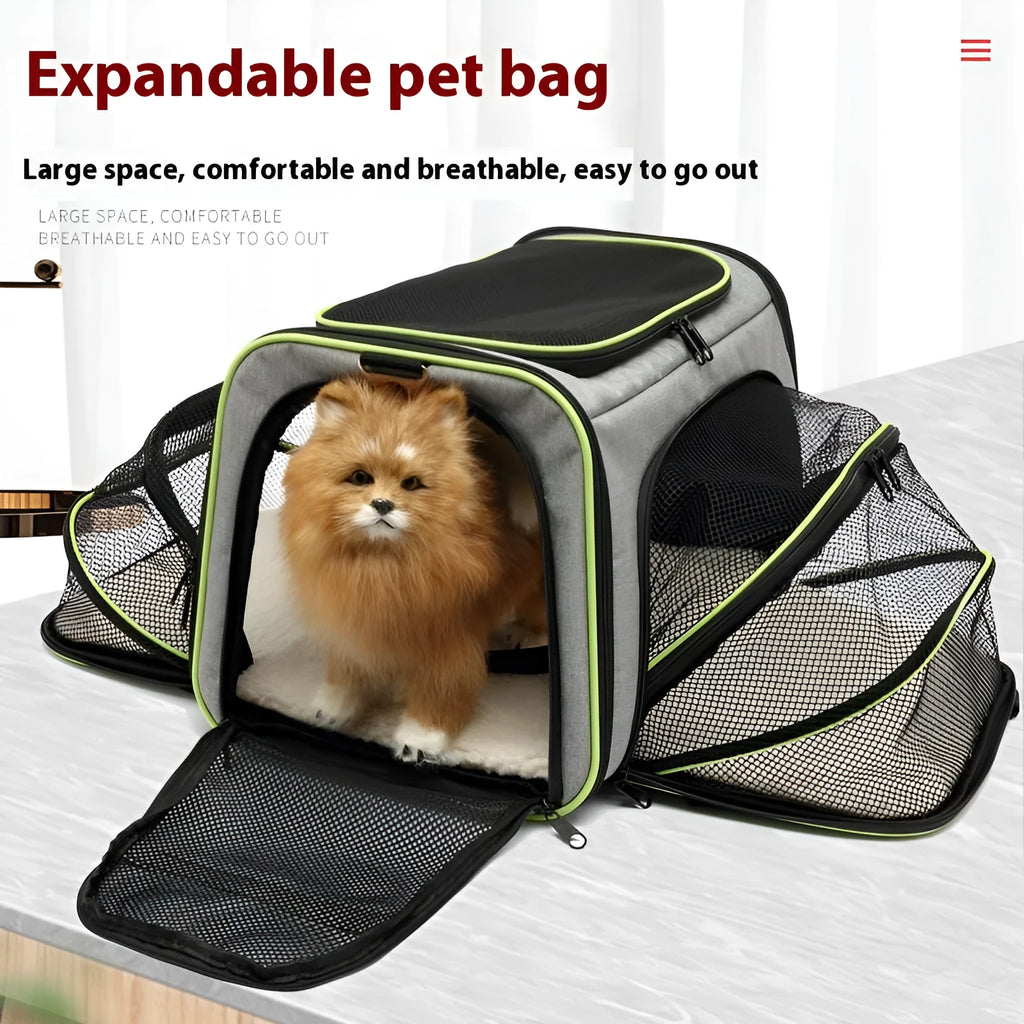 Portable cat carrier bag in 600D cation fabric, shown in large and small size options.