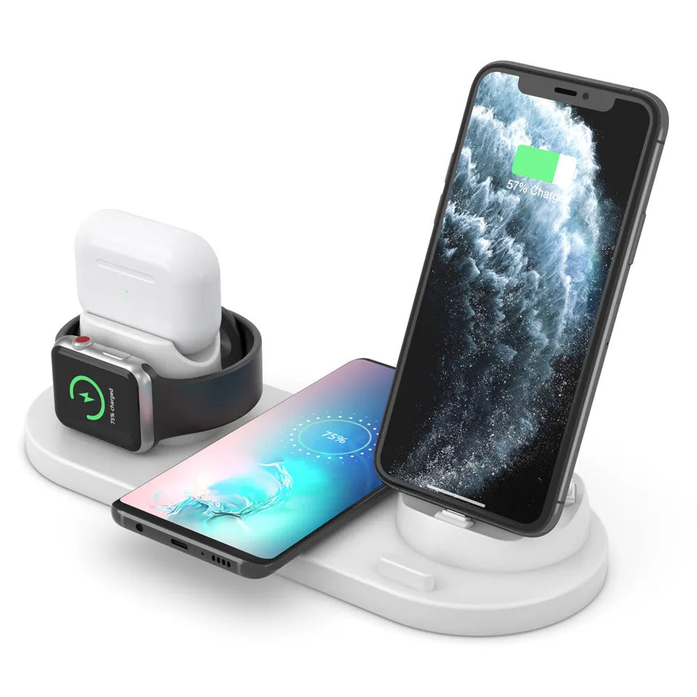Black 6-in-1 wireless charging station organising a phone, Apple Watch and AirPods on a desk