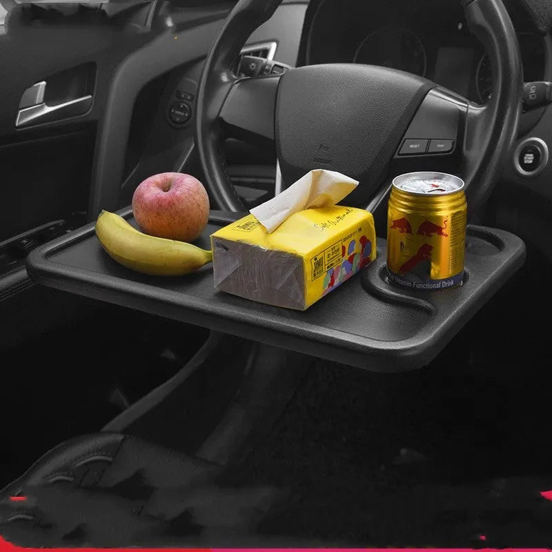 Black plastic car desk tray with storage stand, dimensions 42cm by 28cm