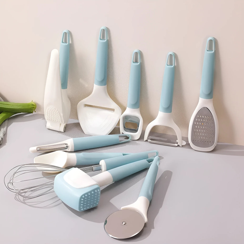 10-piece kitchen gadget set with PP handles and stainless steel inserts including cheese scraper, meat tenderizer, egg beater, and grater on a white background