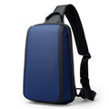 Blue Oxford cloth men's chest bag with shoulder straps and a soft handle.