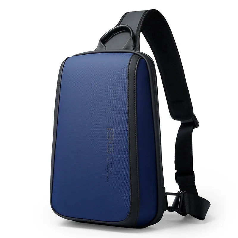 Blue Oxford cloth men's chest bag with shoulder straps and a soft handle.