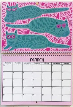 A3 Cat Calendar Wall Planner showing colourful monthly illustrations with hanging cord.