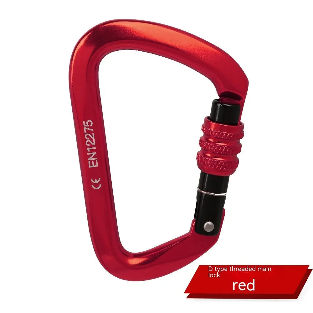 D-shaped locking climbing carabiner main lock in silver red colour with automatic gate closure.