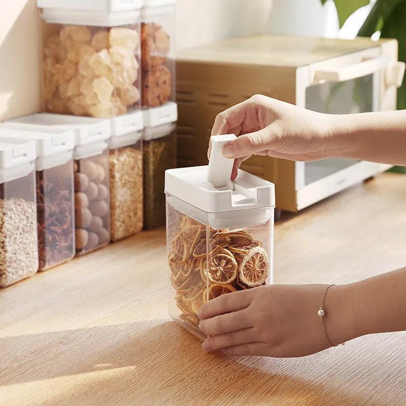 White transparent plastic grain storage container with Japanese design
