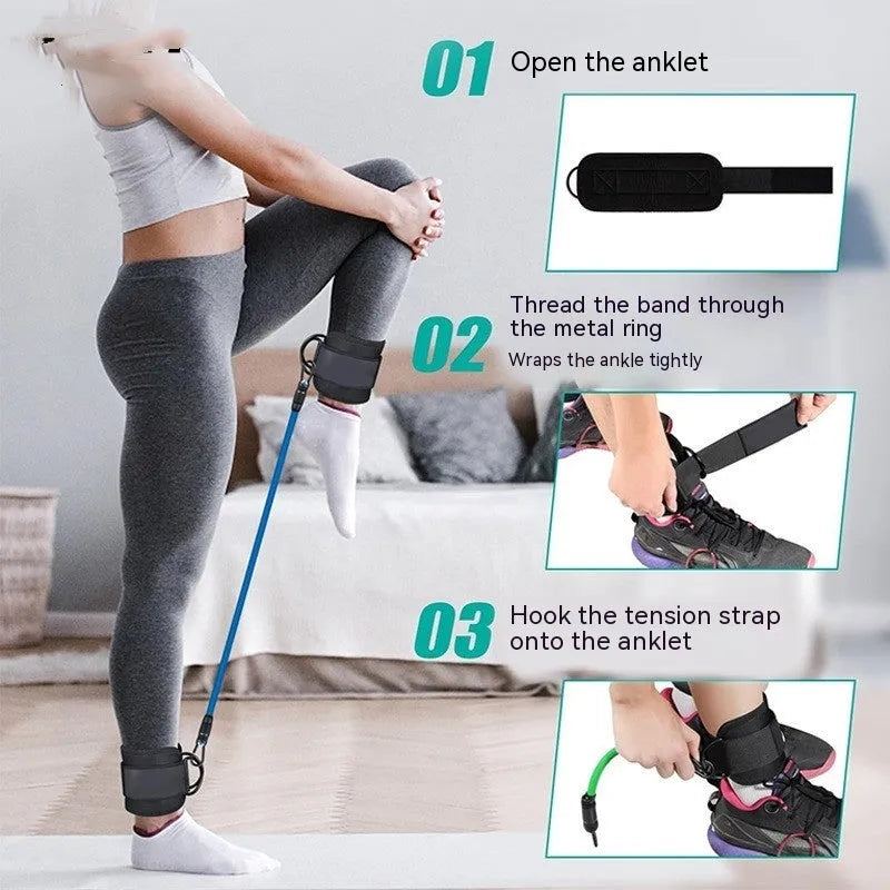 Yoga resistance band set with three tension levels, foot loops, and storage bag for hip and leg exercises
