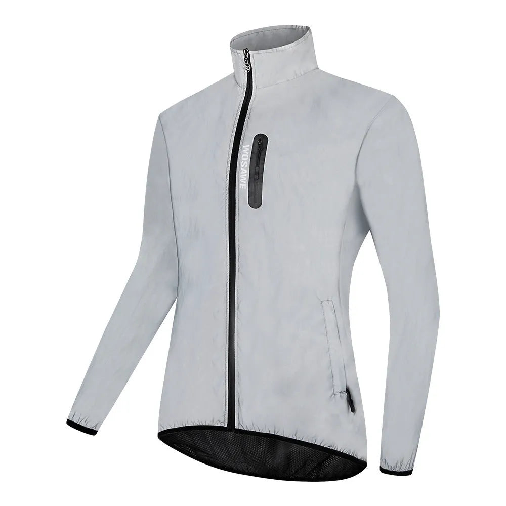 Silver waterproof polyester long sleeve windproof coat on a hanger.