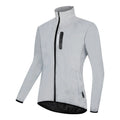 Silver waterproof polyester long sleeve windproof coat on a hanger.