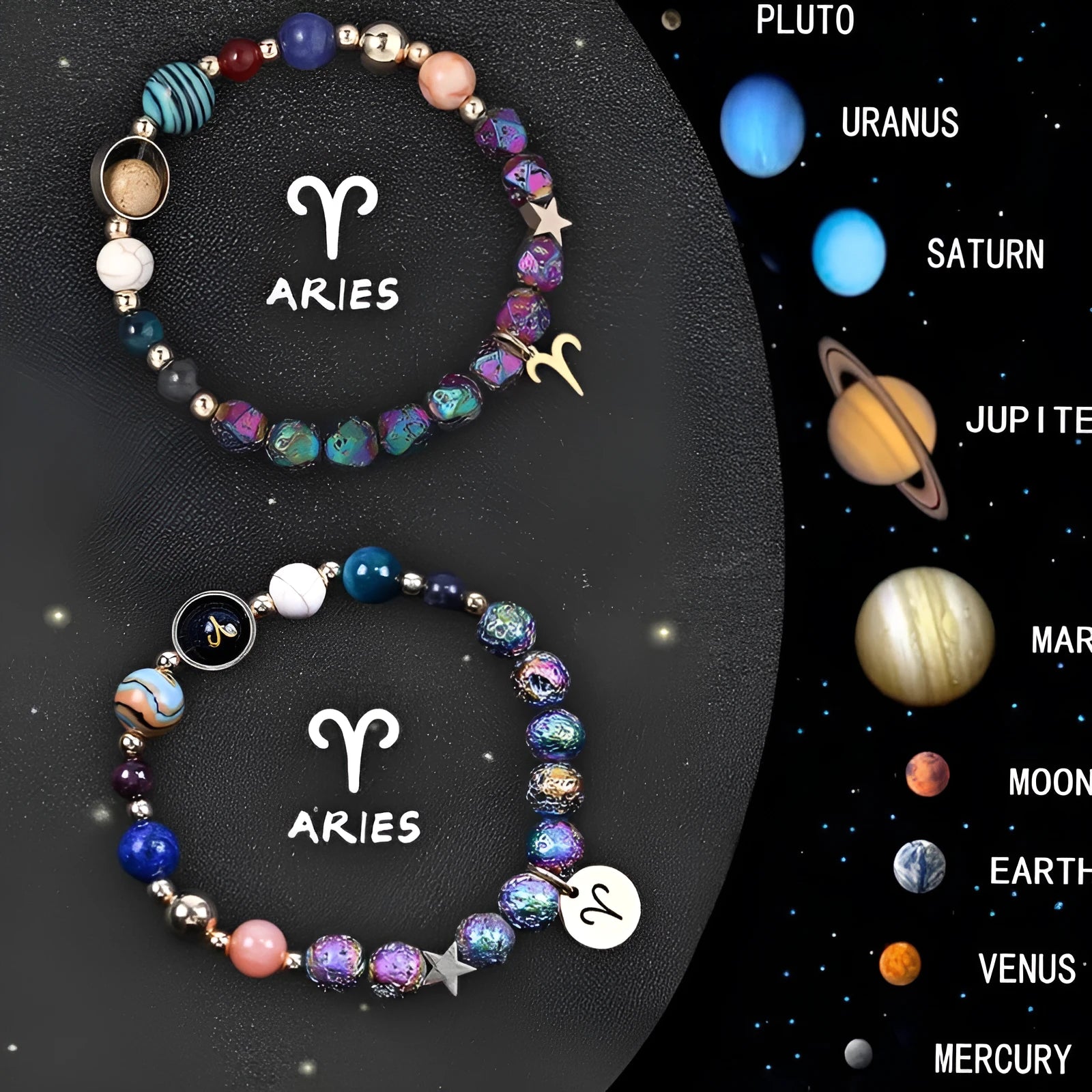 Two natural stone beaded bracelets showing different zodiac sign styles on a wrist.