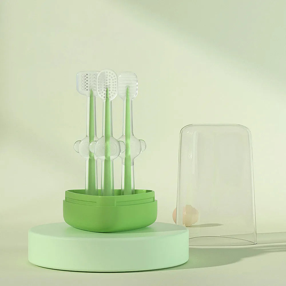 Purple silicone pet toothbrush with dual-ended design showing traditional brush head and finger brush