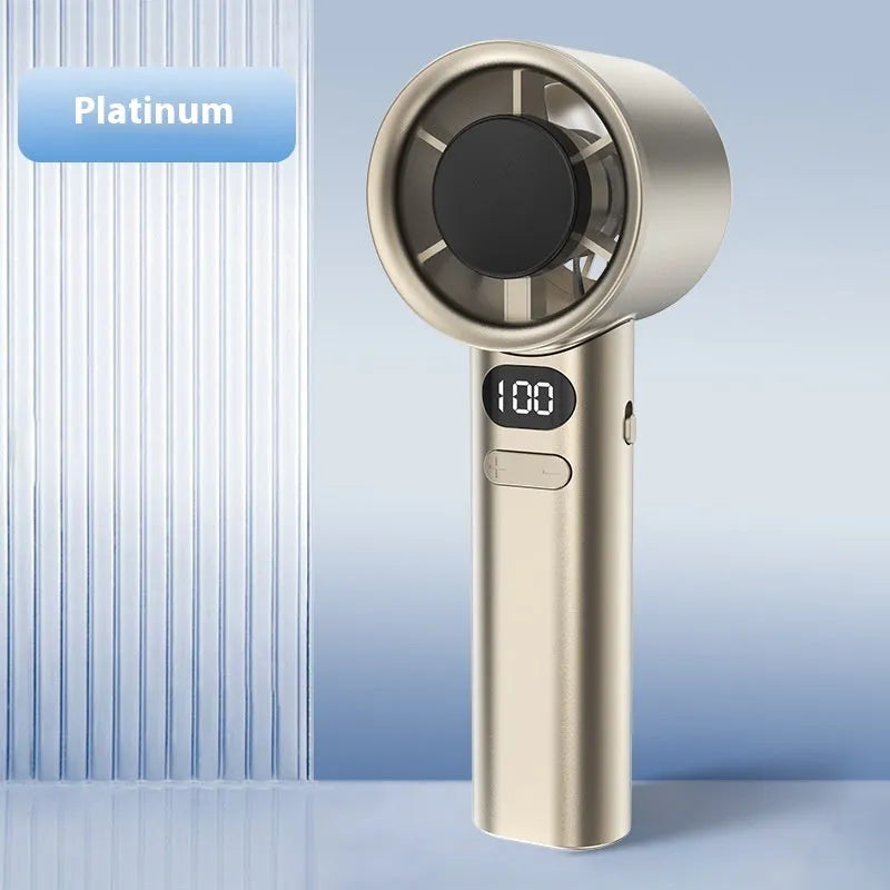 Handheld fan with variable speed control showing green colour option and USB charging port