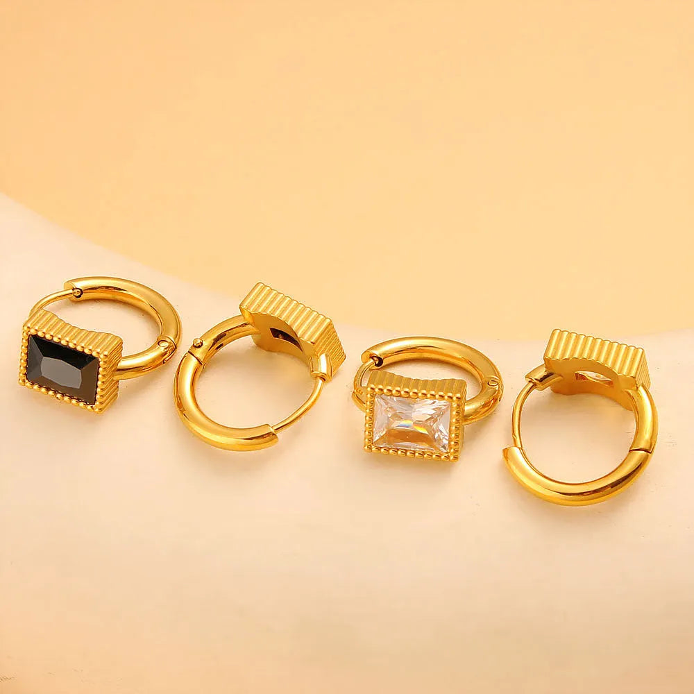 Square geometric earrings with zircon accents in stainless steel