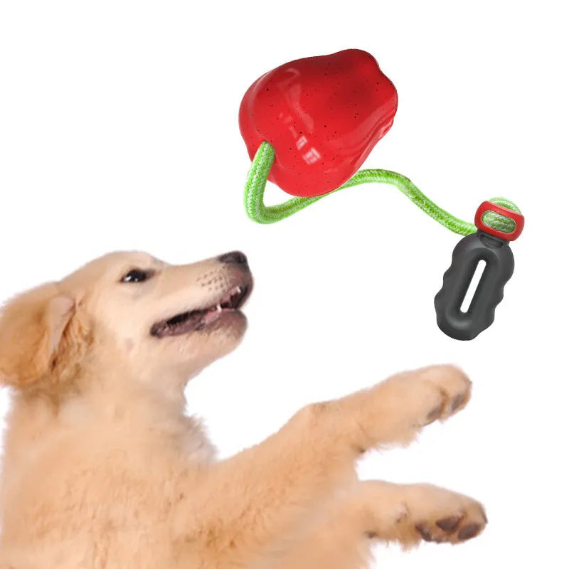 Red and green apple-shaped plastic dog ball with squeaker and treat-dispensing holes
