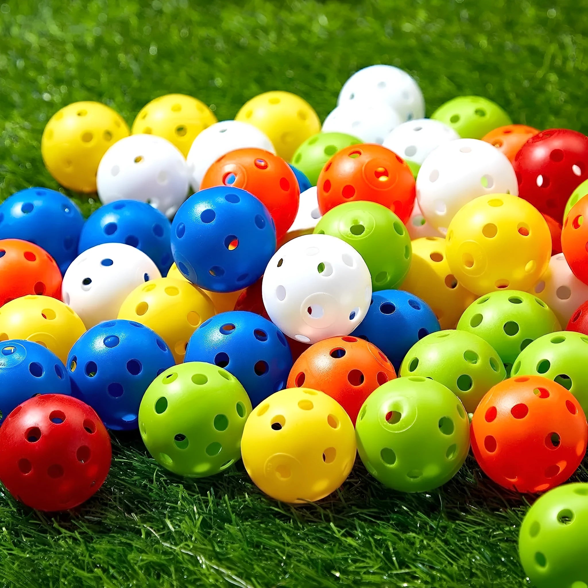 Six coloured 42mm golf practice balls in red, orange, blue, green, white and yellow arranged on putting surface