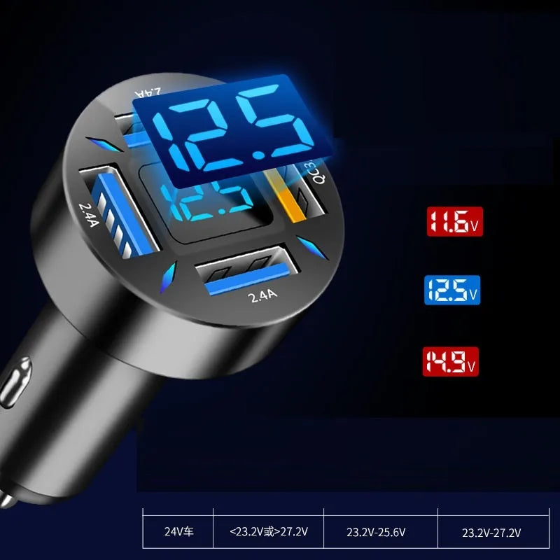 Four-port USB car charger with QC3.0 fast charging and LED voltage display for vehicles.
