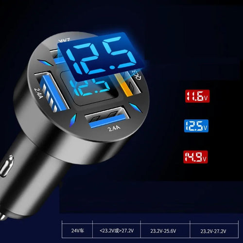 Four-port USB car charger with QC3.0 fast charging and LED voltage display for vehicles.