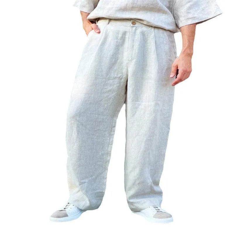 Men's loose fit linen pleated high waist jogger pants in straight leg style