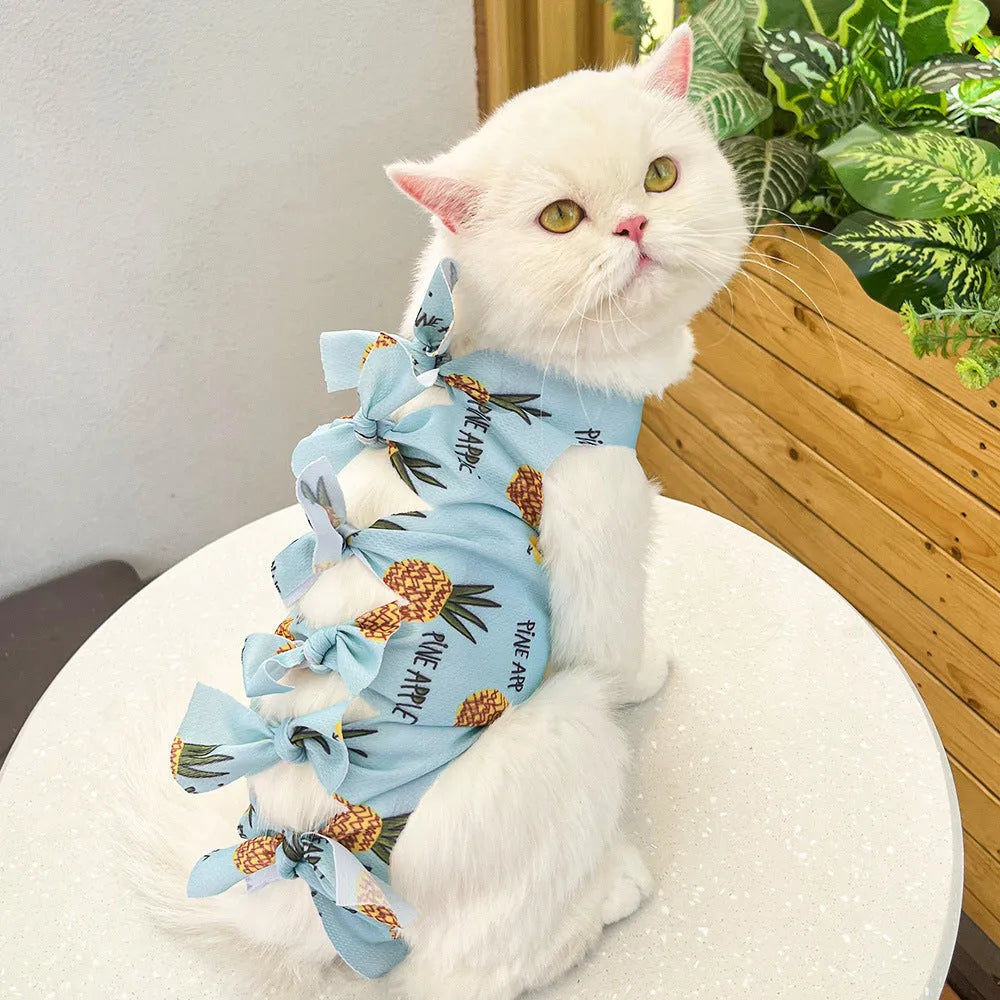 Lace-up cat sterilisation recovery suit in polyester shown in multiple colours with adjustable closure