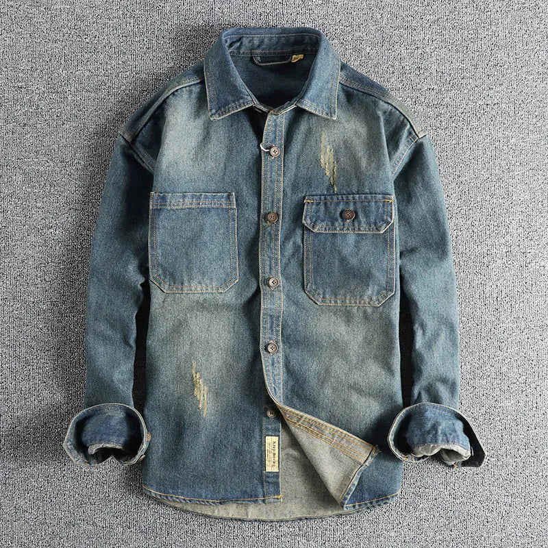 Men's light blue loose fit vintage denim shirt with long sleeves and cardigan style