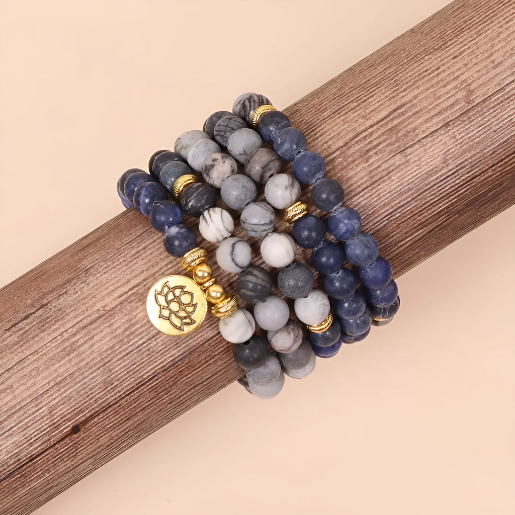Blue multi layer alloy bracelet with patterned network stone beads