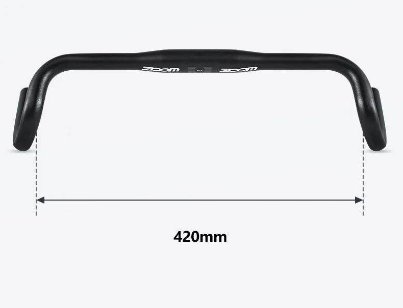 Black aluminium alloy road bike bent handlebar, 420mm wide with 31.8mm clamp.