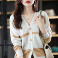 Women's striped V-neck knitted cardigan with 3D patterned sleeves and button front in a slim fit.