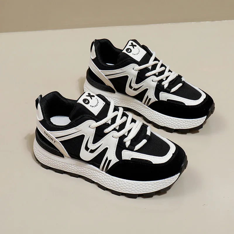 Women's black platform sports casual shoes with round toe and front lace-up design