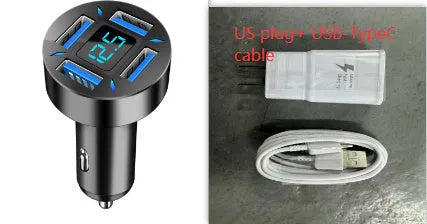 Four-port USB car charger with QC3.0 fast charging and LED voltage display for vehicles.