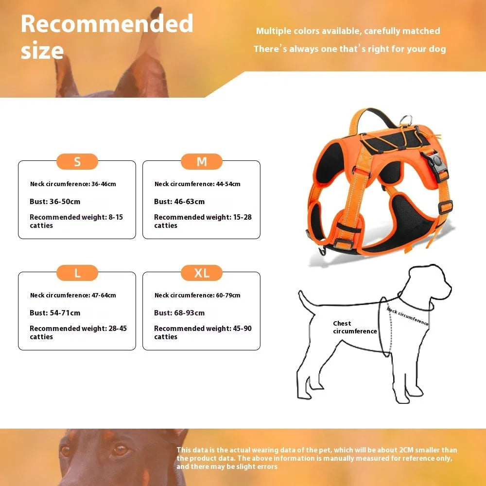 Reflective dog harness vest with integrated hand holding rope leash in multiple colour options