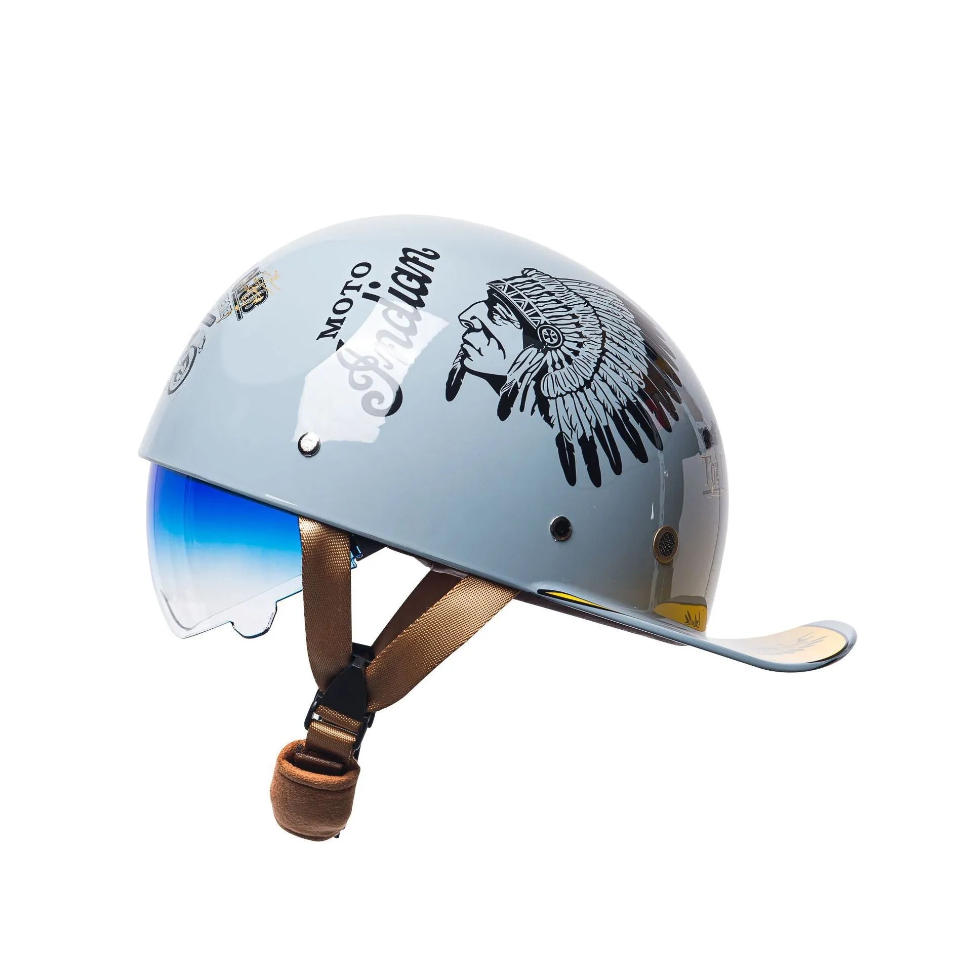 Men's retro half-helmet for electric bicycles in bright black-gradient blue with gradient blue lens