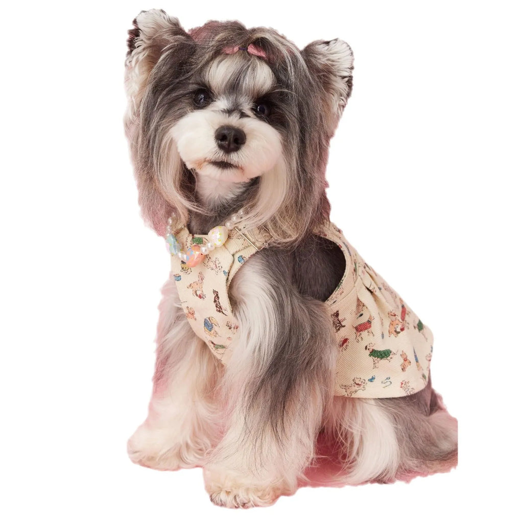 Beige cotton denim suspender skirt for small dogs, size M, on a white background