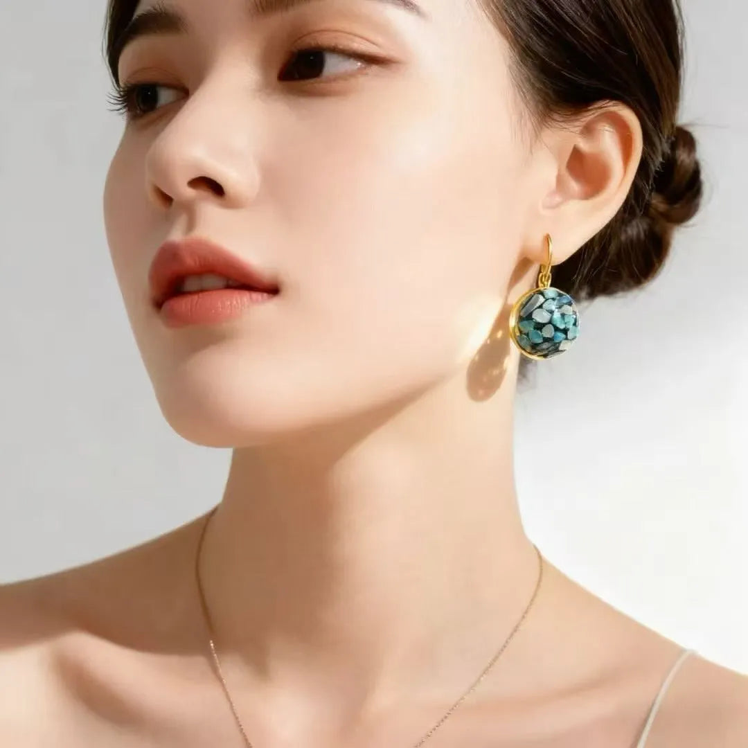 Handmade mother-of-pearl earrings for women with Chinese character Fu, Chanel style, snail ear clip