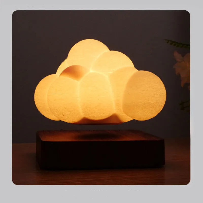 Magnetic levitation cloud night light with 3D printed cloud floating above base, warm white light