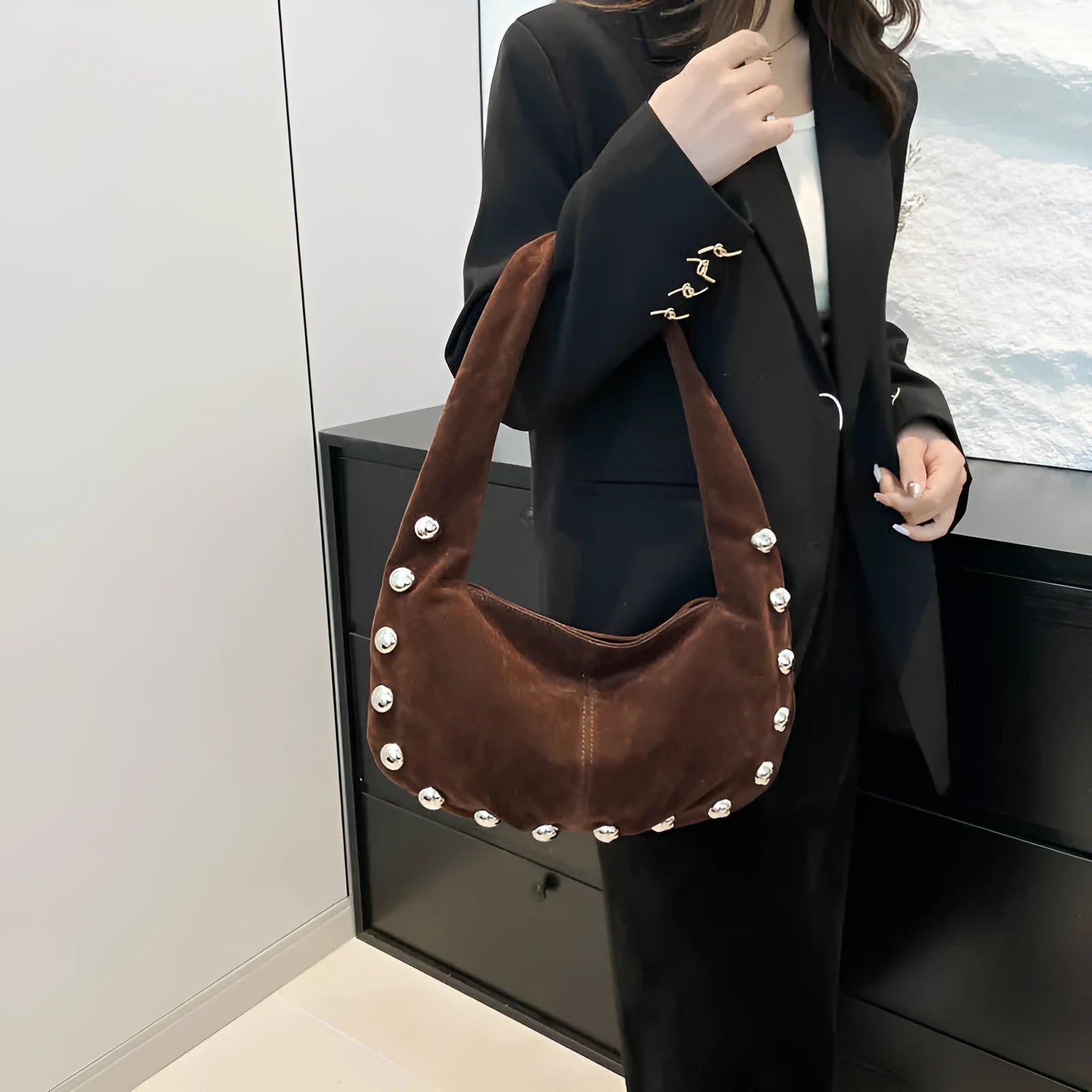 European and American style suede rivet underarm handbag in coffee colour with stitching and contrast detail